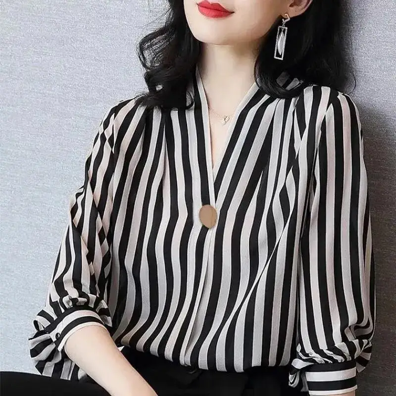 Top Trends: Fashion Printed V-Neck Button Striped Chiffon Shirt Oversized Casual Tops 2022 Autumn New Women's Clothing Office Lady Blouses Shoppable Styles - Image 5