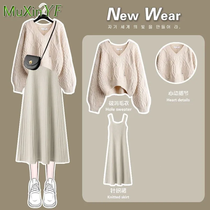 Top Trends: Women&#039;s 2023 Autumn Winter New Fashion V-Neck Sweater Knitted Dress Two Piece Korean Elegant Top Skirt Matching Set Female Suit Shoppable Styles