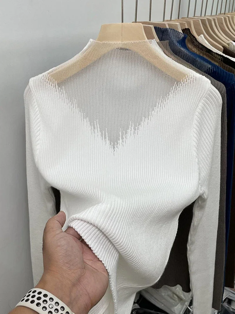 Top Trends: Autumn And Winter Fashion Mesh Stitching Pullover Fashion Tops 2022 Women Thickened Turtleneck Sweater Knitted Bottoming Shirt Shoppable Styles