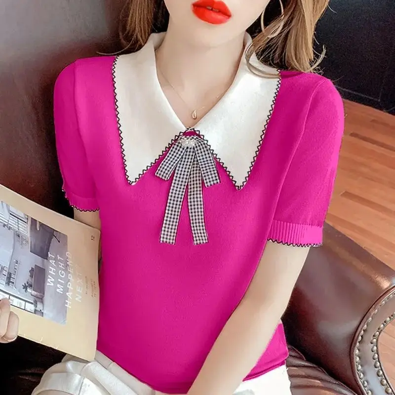 Top Trends: Sweet Peter Pan Collar Spliced Lace Up Bow Blouse Women's Clothing 2023 Summer New Casual Pullovers Short Sleeve Shirt Shoppable Styles