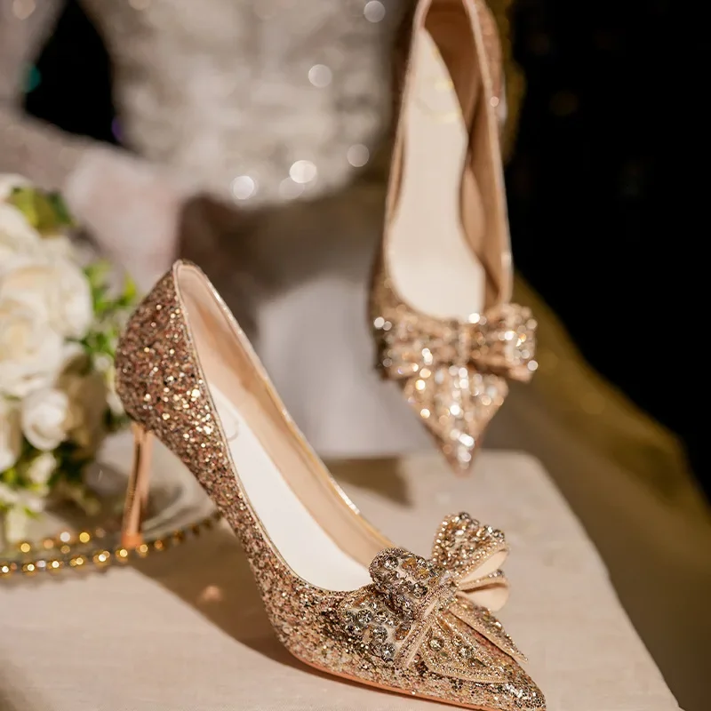 Top Trends: 2024 Autumn Luxury Pointed Toe Pumps Sequined Rhinestone Butterfly Women Heels Gold Silver High Heels Party Wedding Shoes Shoppable Styles