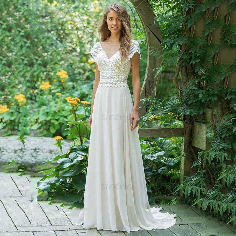 Top Trends: Bohemian A-Line Wedding Dress White V-Neck Backless Cap Sleeve Lace Applique Chiffon Bridal Gowns Sweep Train Vestidos De Novia Shoppable Styles