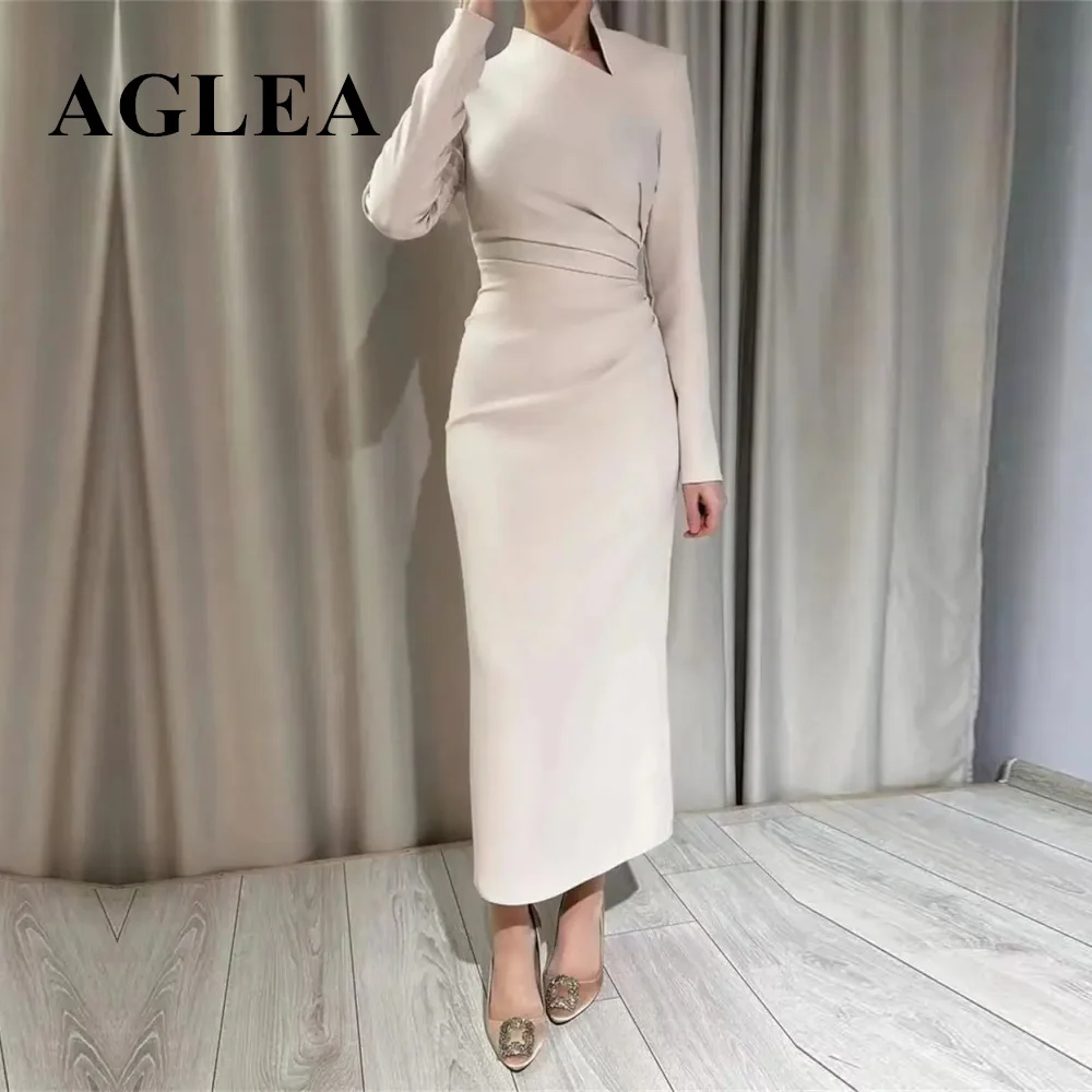 Top Trends: AGLEA New Style Neckline Dubai Women Wear Evening Dresses Ruched Long Sleeves Prom Dress Ankle Length Wedding Party Formal Gowns Shoppable Styles