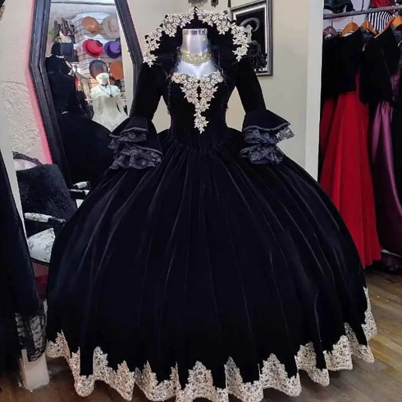 Top Trends: Black Velvet Victorian Gothic Wedding Dress 2023 With Jacket Puff Sleeve Lace Medieval Vintage Bride Gowns Celtic Spanish Prom Shoppable Styles - Image 4