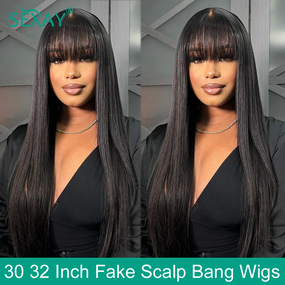 Top Trends: 30 32 Fake Scalp Bang Wig Brazilian Human Hair 180 200 Density 3 Inch Scalp Hairline Fringe Human Hair Wigs With Bangs For Women Shoppable Styles