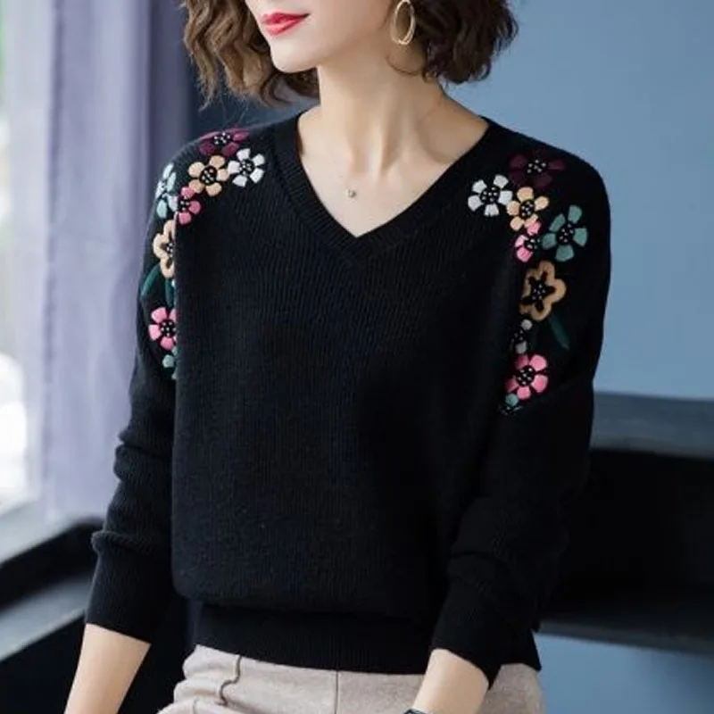 Top Trends: New Autumn And Winter Fashionable And Versatile V-neck Embroidered Loose And Simple Commuting Short Women&#039;s Knitted Sweater Shoppable Styles