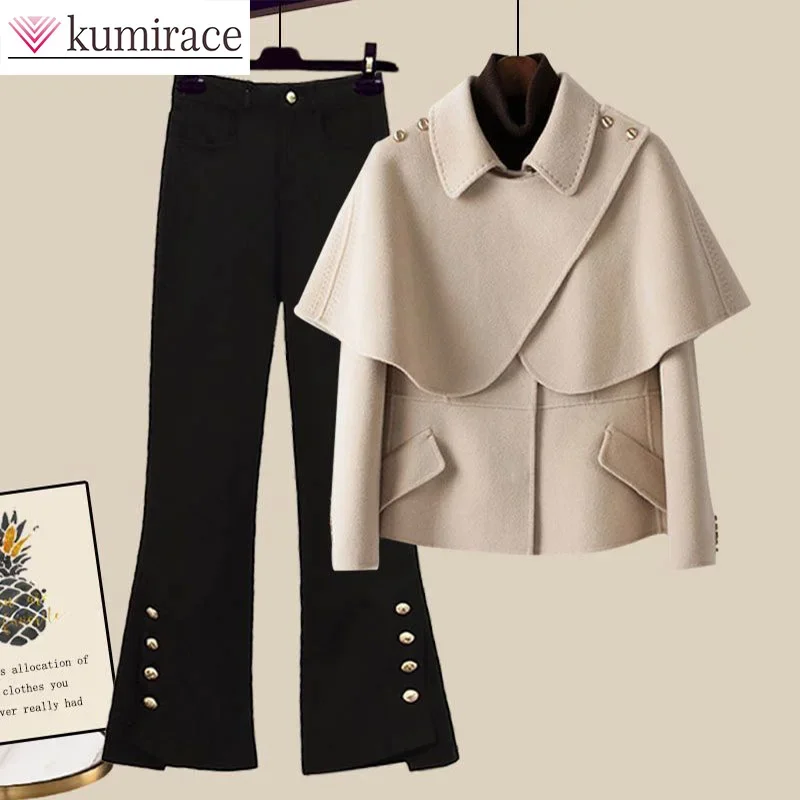 Top Trends: 2023 Korean Set Women&#039;s Autumn And Winter New Women&#039;s Retro Panel Coat Wide Leg Pants Winter Set Women&#039;s Two Piece Set Shoppable Styles