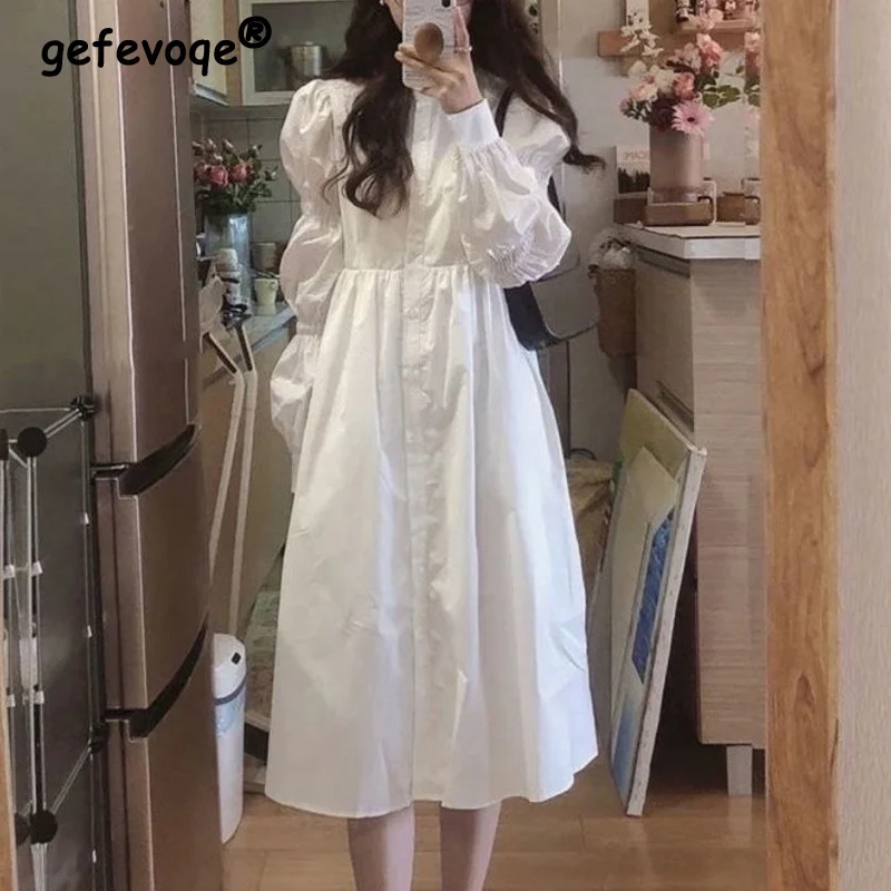 Top Trends: Vintage Ruched Japanese Harajuku Sweet White Midi Dress Women Spring Autumn Casual Long Sleeve Button Shirt Preppy Style Dresses Shoppable Styles