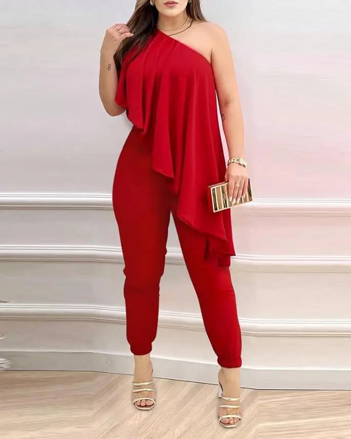 Top Trends: Woman Summer Jumpsuits Sexy One Shoulder Asymmetrical Ruffles Plain Sleeveless Long Jumpsuit Women Clothing 2022 Summer Fashion Shoppable Styles - Image 2