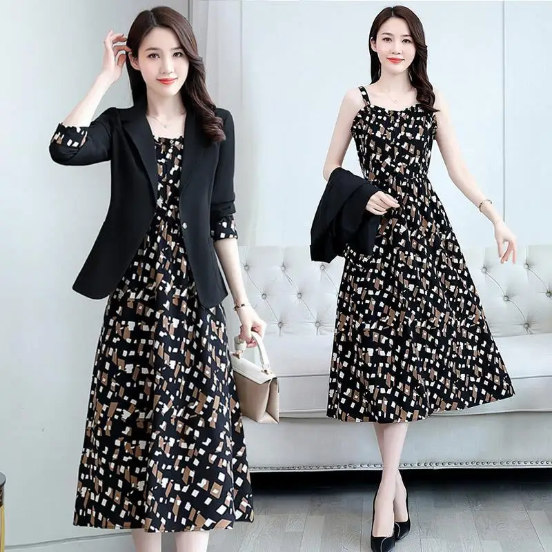 Top Trends: Women's Fashion Suit Set 2022 Fall New Casual Blazers Jacket Dress Two Piece Korean Elegant Vintage Floral Sling Midi Skirt Suit Shoppable Styles