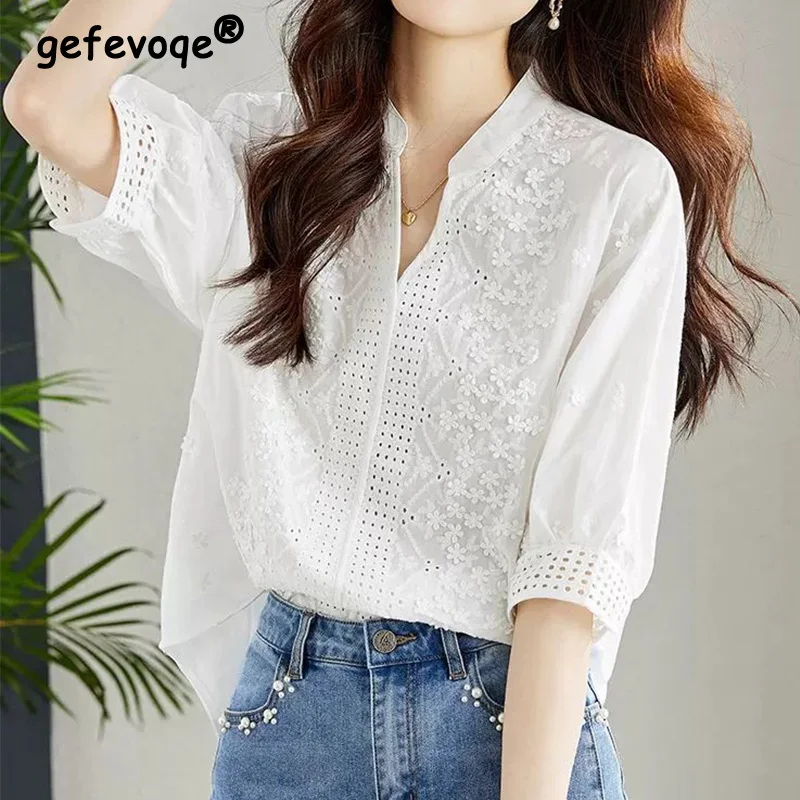 Top Trends: Cotton 2023 Summer New Half Sleeve Shirt V-Neck French Hollowed Out Embroidered Loose Pullover Versatile White Blouse For Women Shoppable Styles