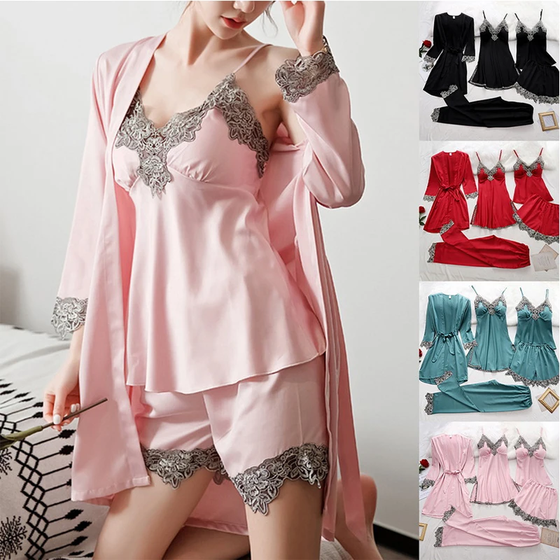 Top Trends: Womens 5PCS Silk Robe Sleep Suit Lace Satin Pajamas Gown Set V-Neck Cami Nighties Wear Pijama Home Nightwear Spring Nightdress Shoppable Styles