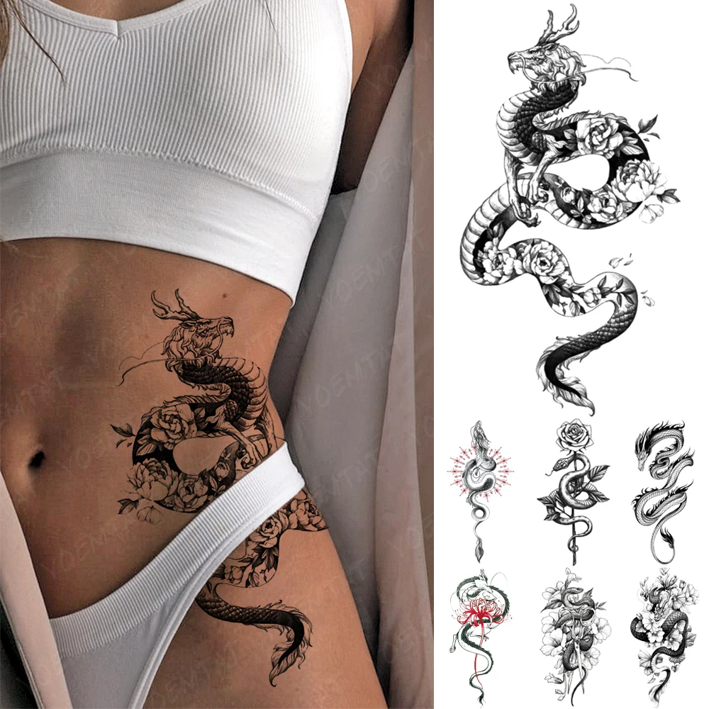 Top Trends: Waterproof Temporary Tattoo Sticker Black Dragon Snake Peony Rose Totem Flash Tatto Women Men Dark Sexy Waist Arm Fake Tattoos Shoppable Styles