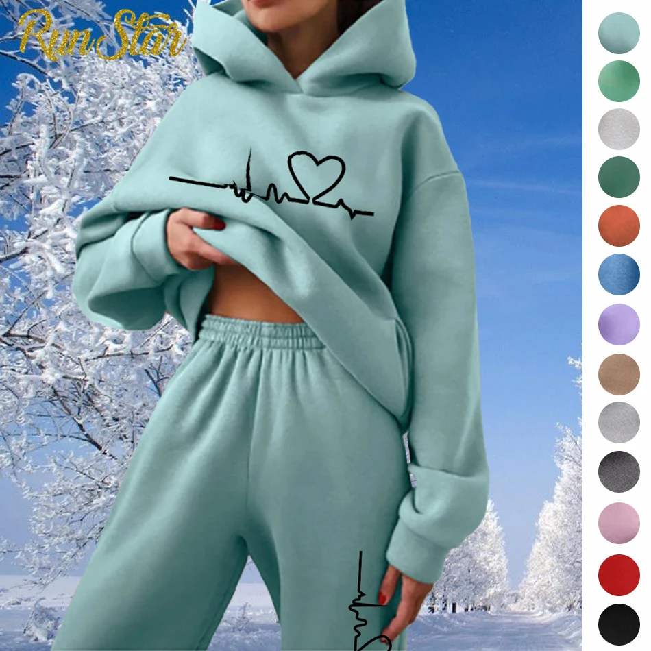 Top Trends: Two Piece Set Casual Fleece Tracksuit Women Autumn Winter Love Print Hooded Long Sleeve Hoodie Sport Pants Sets Warm Suit Women Shoppable Styles