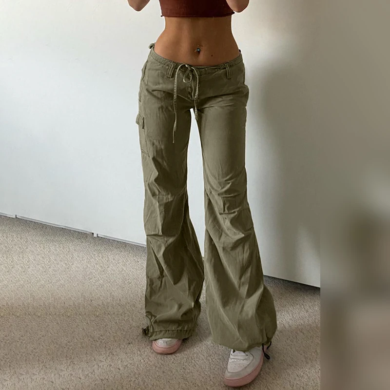 Top Trends: WeiYao Y2k Green Cargo Pants Tie Up Ruched Trousers Women Retro Baggy Low Waisted Sweatpants Pockets Harajuku Joggers 2022 Shoppable Styles