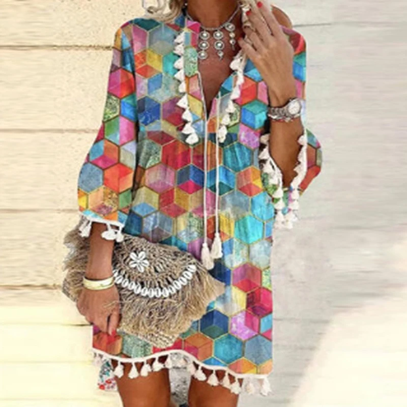 Top Trends: Women Vintage Print V Neck Tassel Mini Dress Casual Loose Three Quarter Sleeve Beach Dress 2024 Spring Summer Party Dress Femme Shoppable Styles