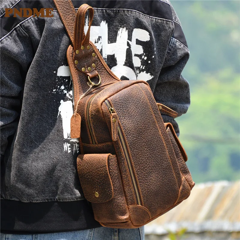 Top Trends: PNDME Fashion Retro Real Leather Men&#039;s Chest Bag Outdoor Daily Travel Crazy Horse Cowhide Multifunctional Shoulder Crossbody Bag Shoppable Styles