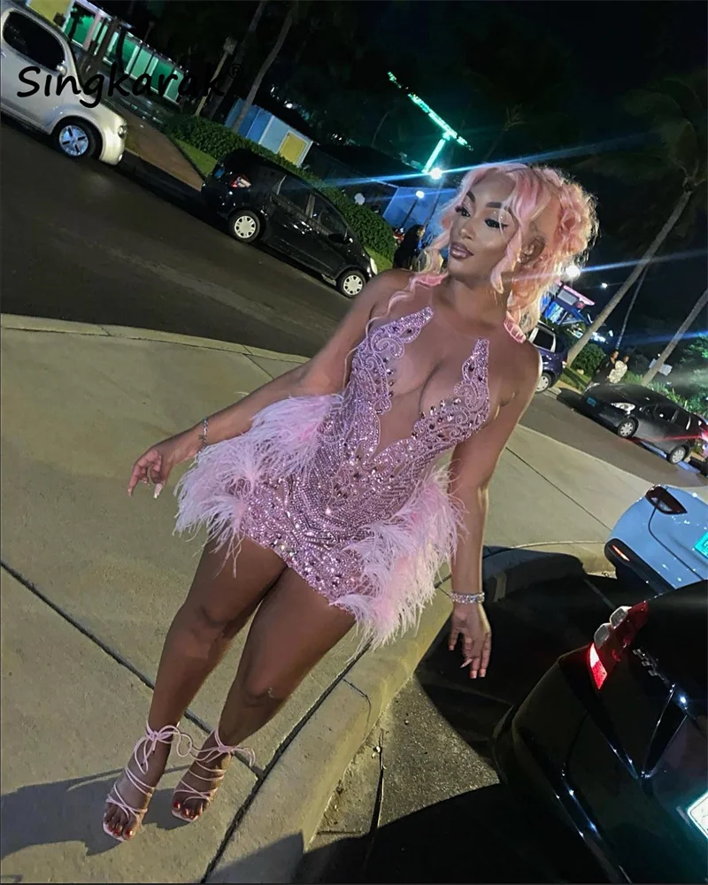 Top Trends: Sparkly Pink Mermaid Short Prom Dress 2023 Glitter Bead Crystals Rhinestones Feathers Cocktail Birthday Party Gown Robe De Bal Shoppable Styles