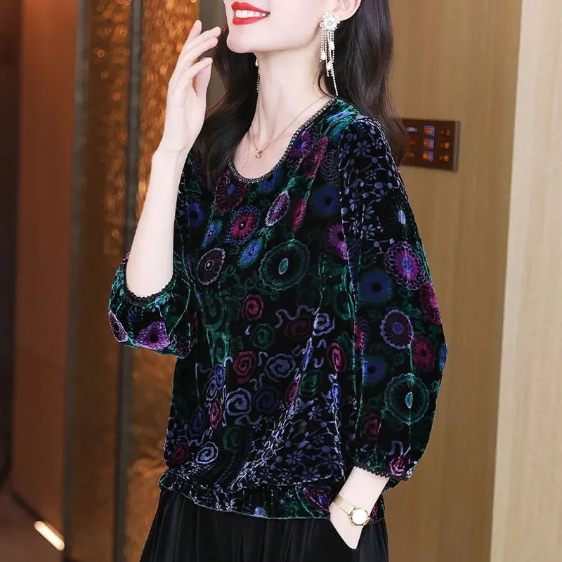 Top Trends: Velvet Vintage Printed Shirt Female Clothing Elegant Folds Autumn Casual Nine Quarter Sleeve Stylish Loose Commute O-Neck Blouse Shoppable Styles - Image 6