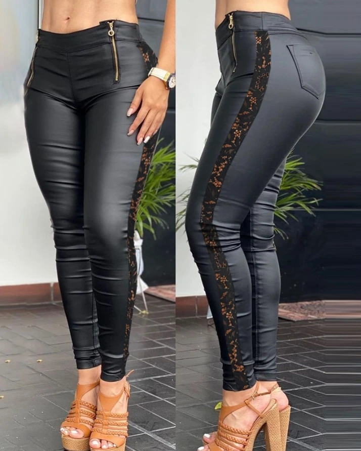 Top Trends: Women Pants 2022 Autumn Fashion Crochet Lace Patch Zipper Design PU Leather High Waist Skinny Long Pants Female Shoppable Styles