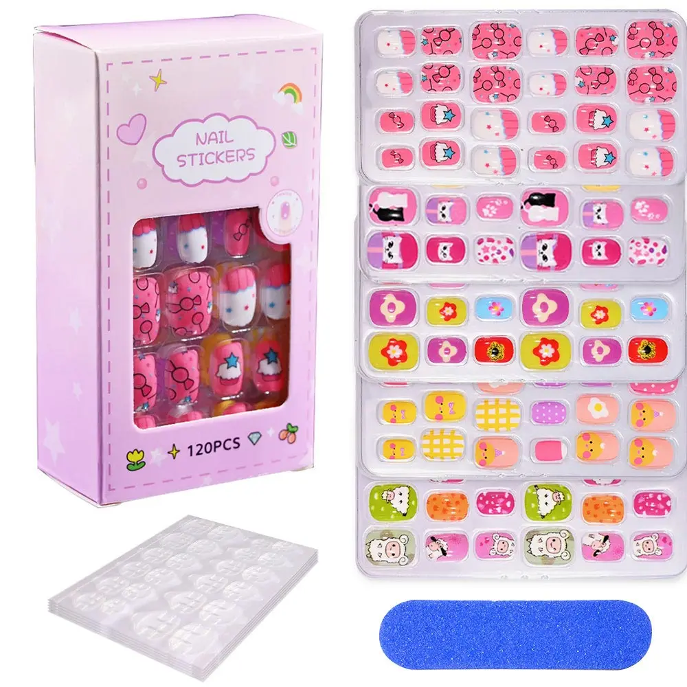 Top Trends: 120 / 24pcs / box Kids Cartoon Pattern Wearing Fake Nails With 5pcs Jelly Glue & 1 Pcs File Candy Color Children Press On Fake Nails Shoppable Styles