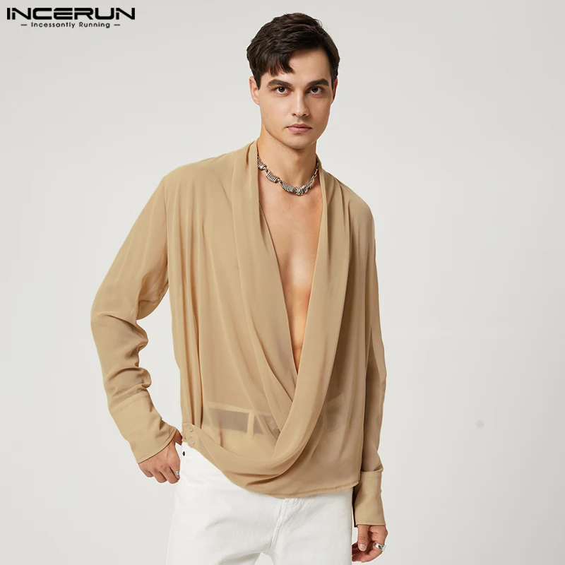 Top Trends: INCERUN Tops 2023 American Style New Men&#039;s Fashion Bright Stripes Pile Blouse Casual Solid Color Cross Long Sleeve Shirts S-5XL Shoppable Styles