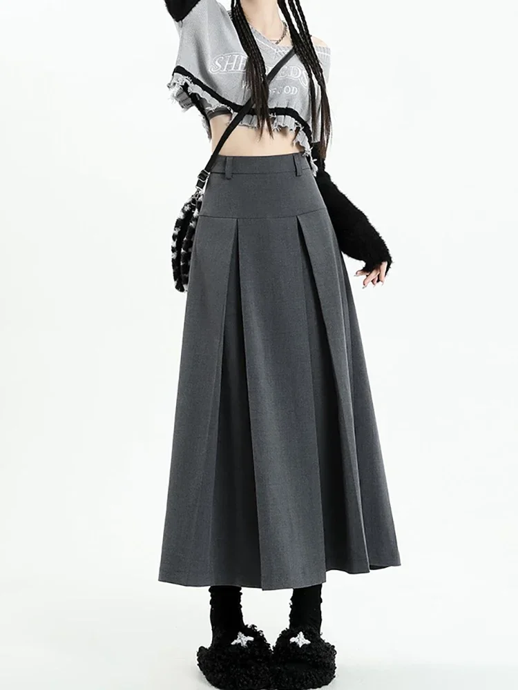 Top Trends: DEEPTOWN Vintage Grey Pleated Long Skirt Women Spring Summer College Style High Waist A-line Midi Skirt Korean Style Clothes Shoppable Styles