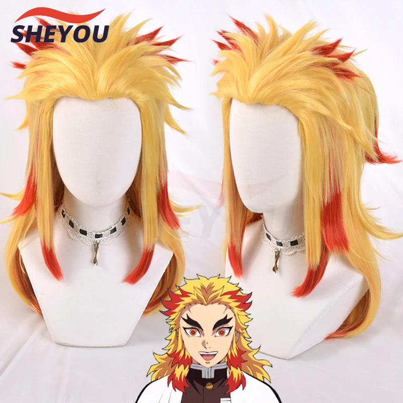 Top Trends: Anime Rengoku Kyoujurou Blonde Ombre Wig Cosplay Costume Men Women Heat Resistant Pontail Hair Wigs + Wig Cap Shoppable Styles