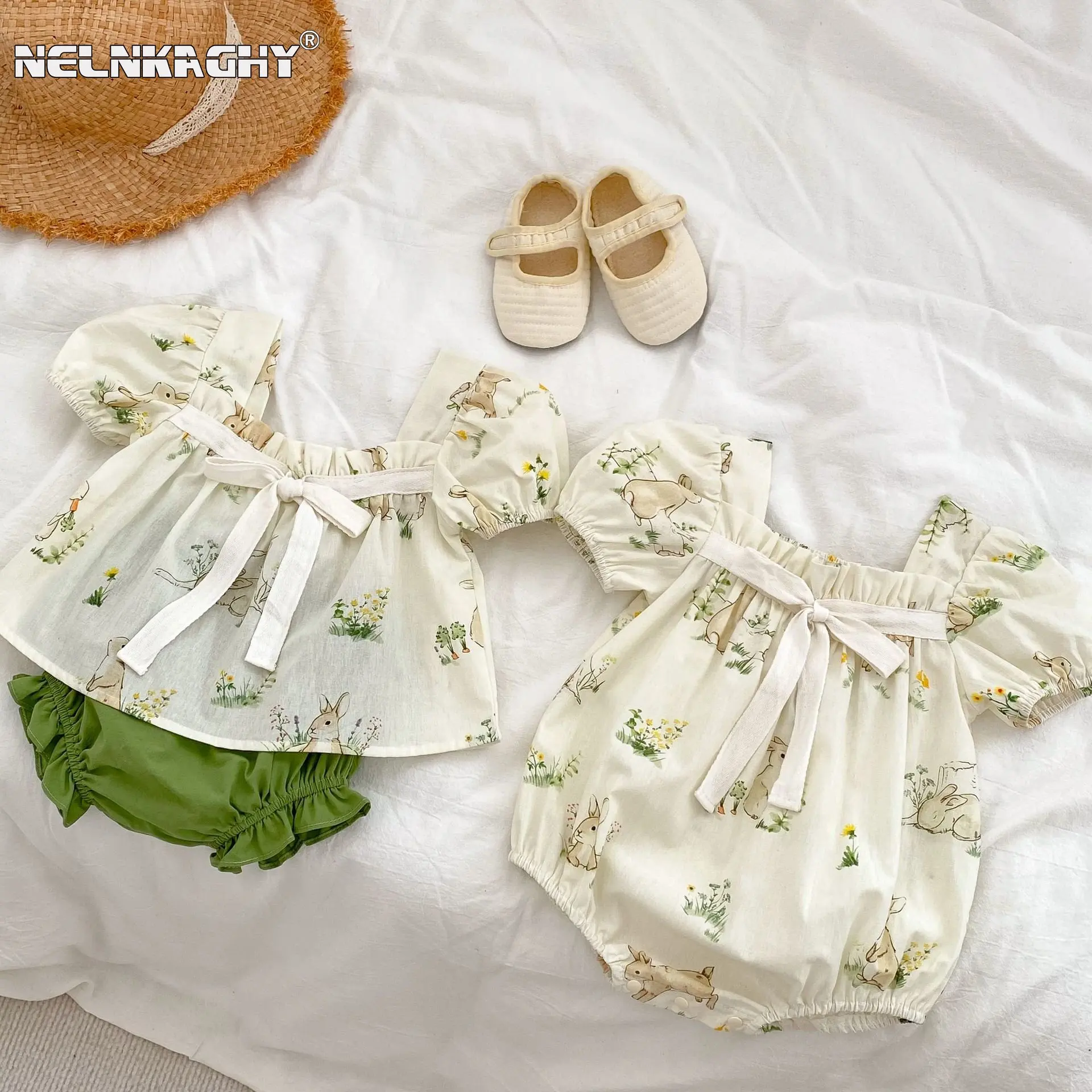 Top Trends: My Sister And Me Newborn Princess Puff Sleeve Bunny Print Outfits Bow Kids Baby Girls Pure Cotton Bodysuits Or Clothing Set 2pcs Shoppable Styles