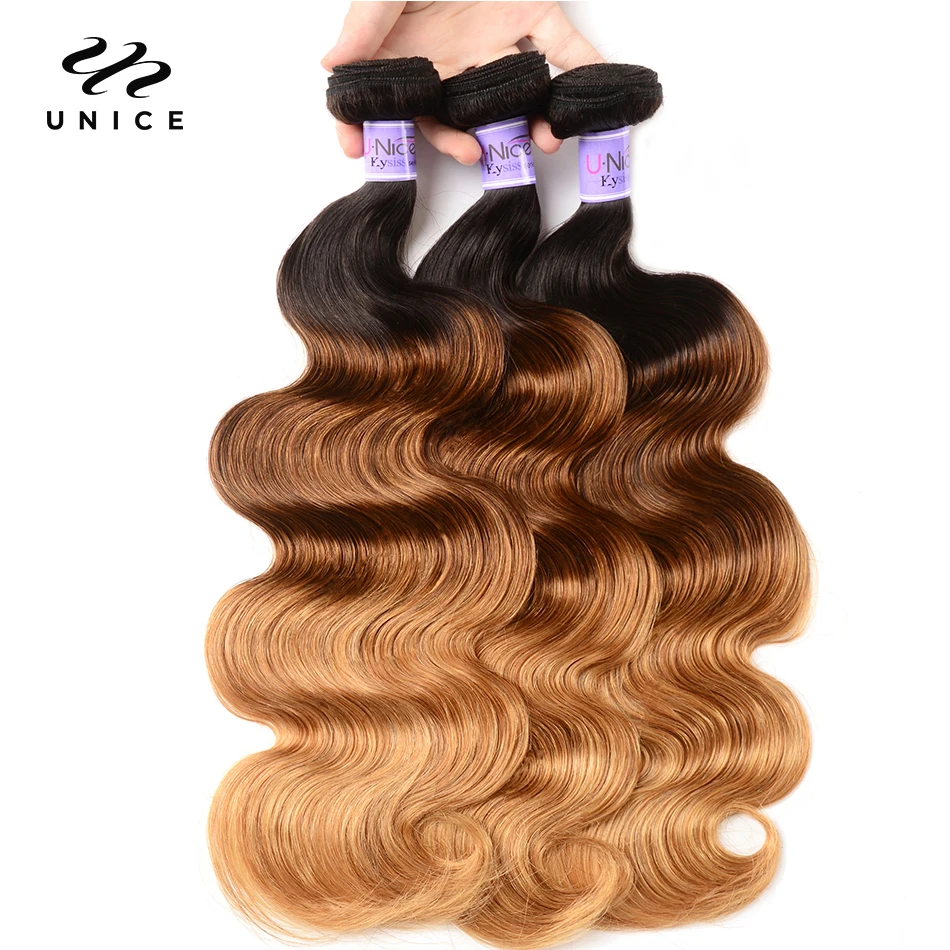 Top Trends: UNice Hair Kysiss Series Ombre Hair 3 Bundles Body Wave Brazilian Hair Weave Bundles 3 Tone Blonde T1B / 4 / 27 Virgin Human Hair Shoppable Styles