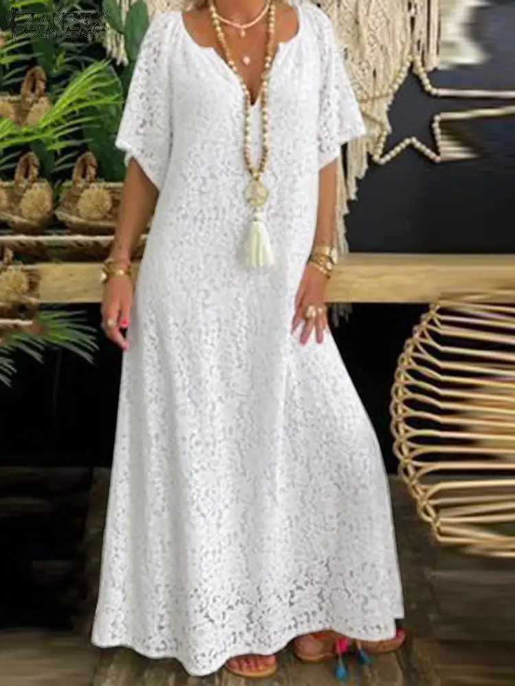 Top Trends: ZANZEA Fashion Summer Lace Crochet Sundress Women Elegant V Neck Short Sleeve Casual Long Dress Robe Femme Holiday Vestido 2023 Shoppable Styles