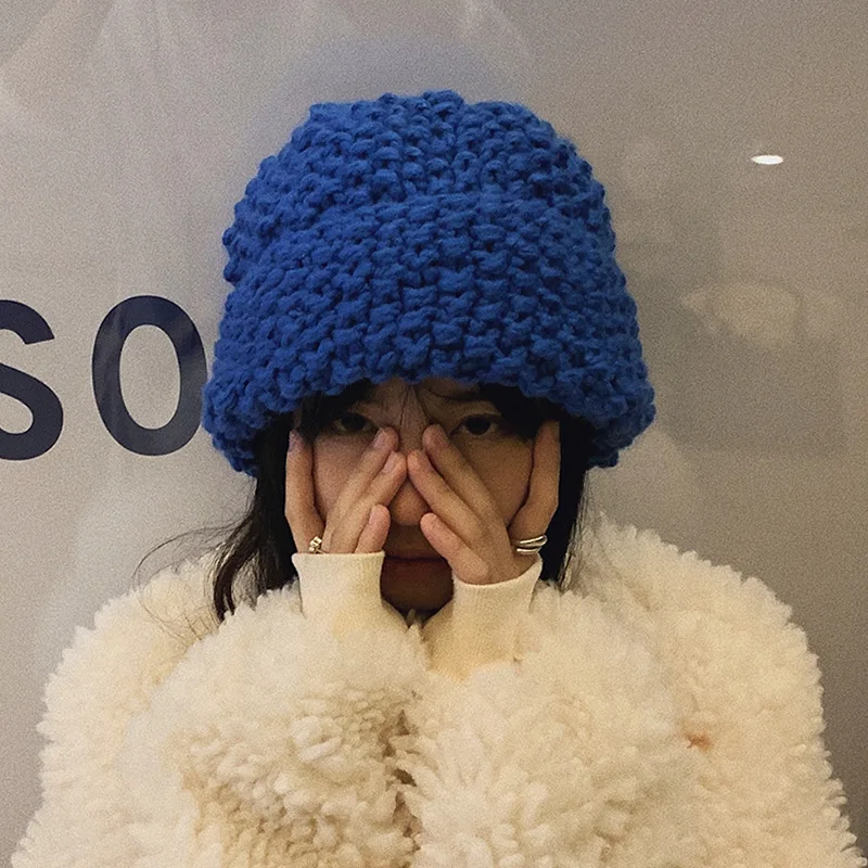 Top Trends: 2022 Knitted Beanie Pineapple Pattern Woolen Hat Ins Winter Wild Klein Blue Solid Color Beanies Hats Tide Bonnets For Women Shoppable Styles