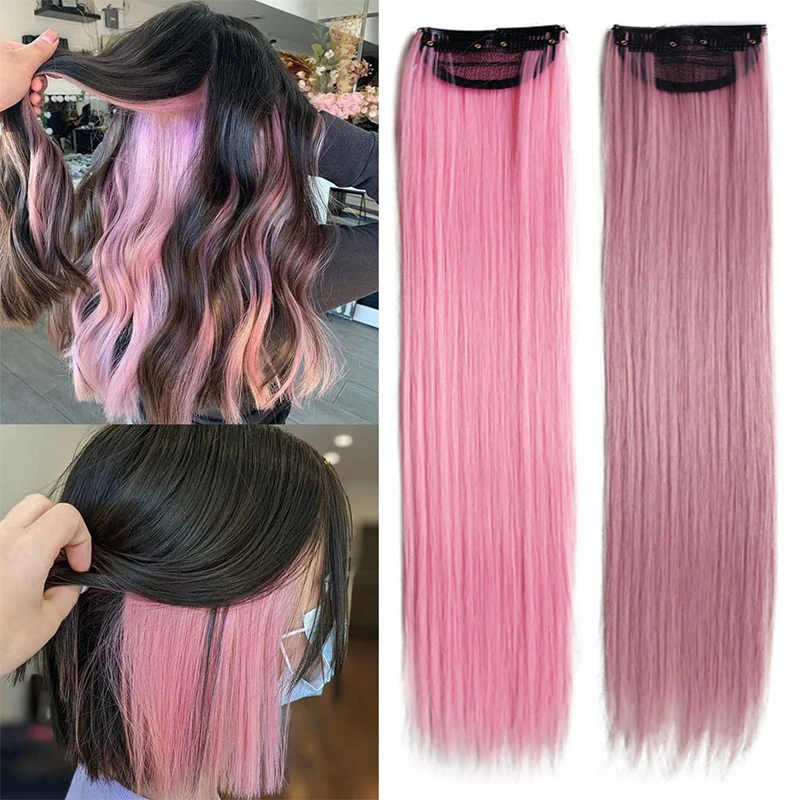 Top Trends: Long 22inch Synthetic Rainbow Clip In Hair One Piece Straight Colored Clips In Hair Extensions 2 Clips With Net In Hair For Kids Shoppable Styles