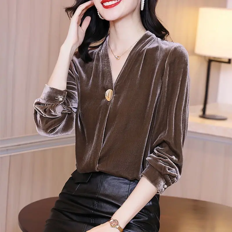 Top Trends: Gold Velvet Solid Women Bottom T-Shirts Autumn Korean Fashion Simple Office Lady Versatile Button Loose Long Sleeved V-neck Tops Shoppable Styles