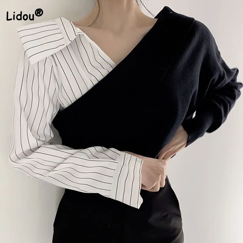 Top Trends: Fashion Loose Striped Knitted Spliced Blouse Ladies Casual Autumn Fake Two Pieces Turn-down Collar Shirt Women's Clothing 2022 Shoppable Styles