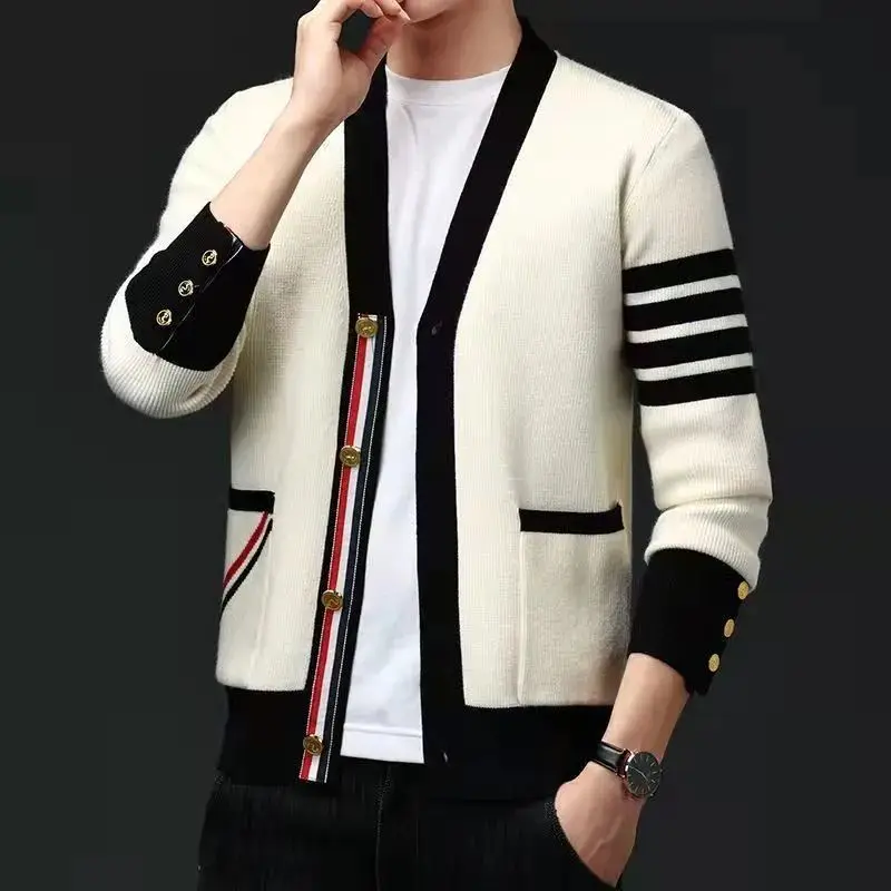 Top Trends: Men&#039;s Clothing 2023 Autumn And Winter New Splice Pockets Button V-neck Long Sleeve Temperament Versatile Casual Striped Sweater Shoppable Styles