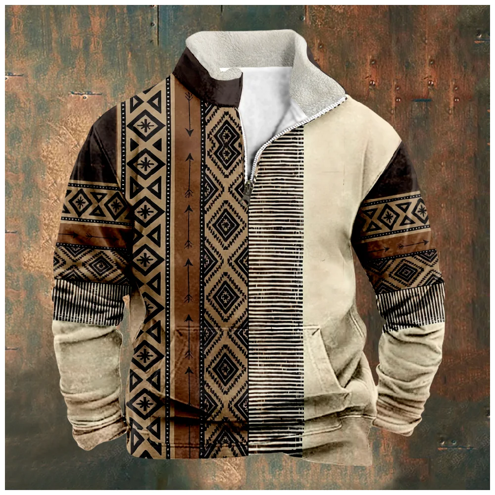 Top Trends: 2023 Autumn Men Pullover Sweatshirts Zip Up Fleeced Long Sleeve Hoodies Vintage Aztec Ethnic Tribal Graphics Oversized Tops Shoppable Styles