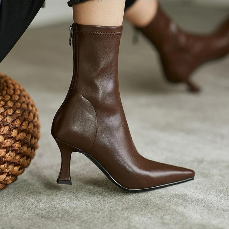 Top Trends: Women Pointy Brown Soft Leather Brown Elastic Boots Famele Stiletto Heels Shoes Ladies Ankle Boots Back Zipper Commuter Boots Shoppable Styles