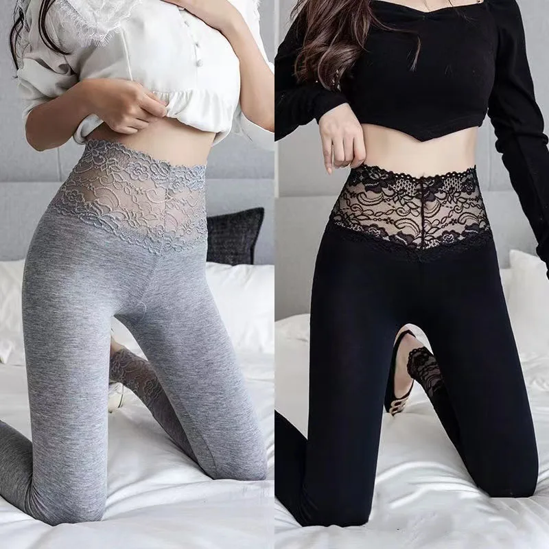 Top Trends: Sexy Women Leggings Modal Cotton Fashion Thin Lace Patchwork Breathbale Legging Stretchy Workout Comfortable Pants Trousers Shoppable Styles