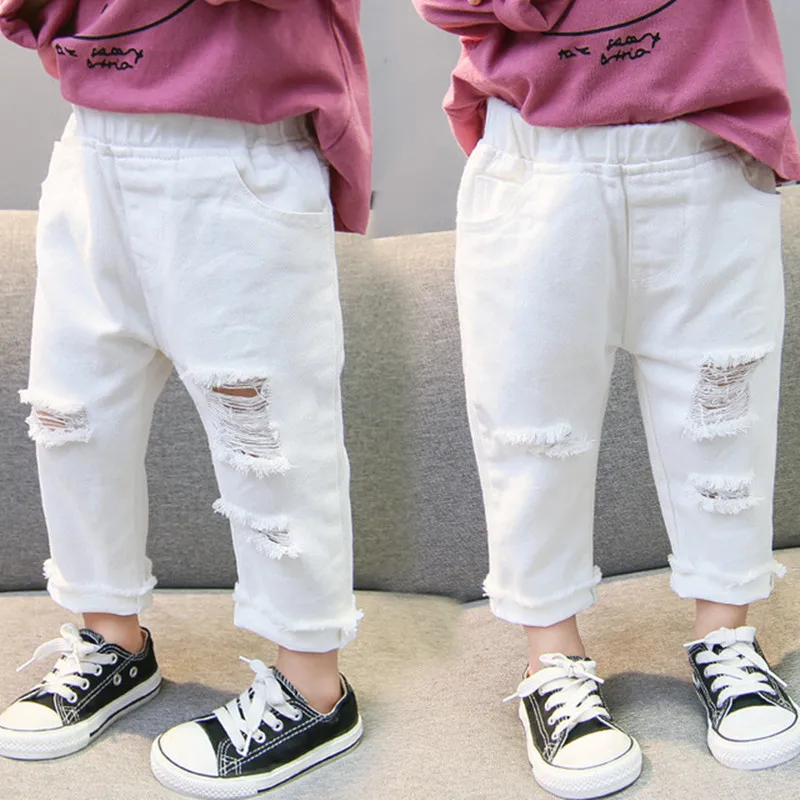 Top Trends: 2023 Spring Autumn Baby Girls Ripped Jeans Children Kids Broken Hole Pants White Color Girls Elastic Waist Denim Pants Shoppable Styles