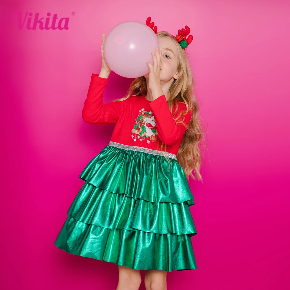 Top Trends: VIKITA Girls Christmas Red Green Costumes Kids New Year Xmas Princess Dresses Girls Unicorn Snowflakes Print Long Sleeve Dress Shoppable Styles