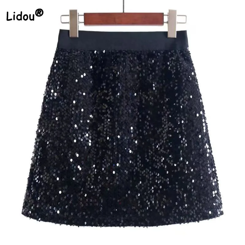 Top Trends: Summer Korean All-match Sequined Spliced A-Line Skirt Women&#039;s Clothing Fashion Elastic High Waist Temperament Skirts For Female Shoppable Styles