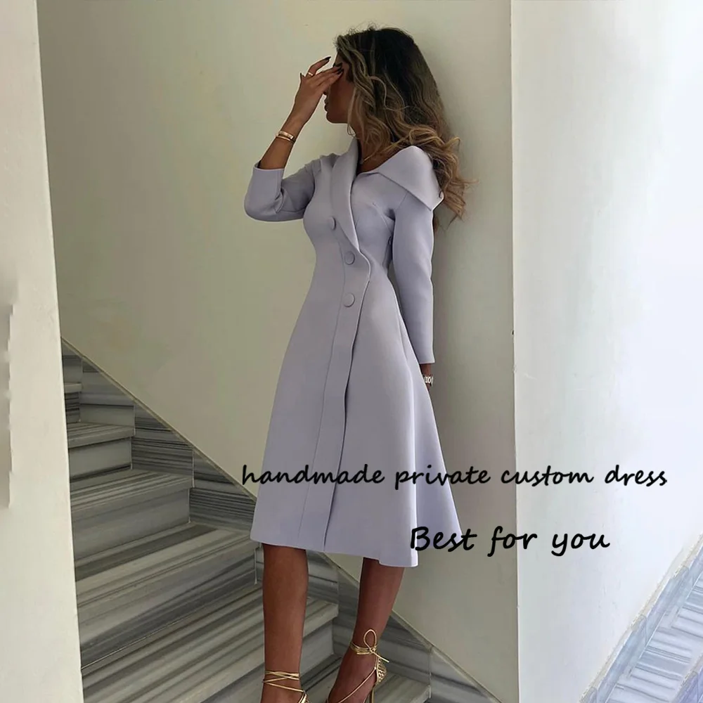 Top Trends: Lavender Satin A Line Evening Dresses Outfits Long Sleeve V Neck Arabia Dubai Formal Dress Tea Length Prom Party Gowns Shoppable Styles