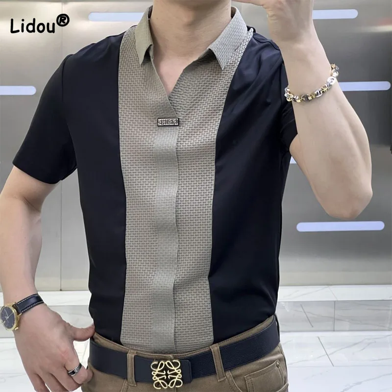 Top Trends: Business Office Casual Men's Polo-Neck Slim Shirt 2023 Trend Korean All-match Patchwork Short Sleeve Shirt Summer Male Clothes Shoppable Styles