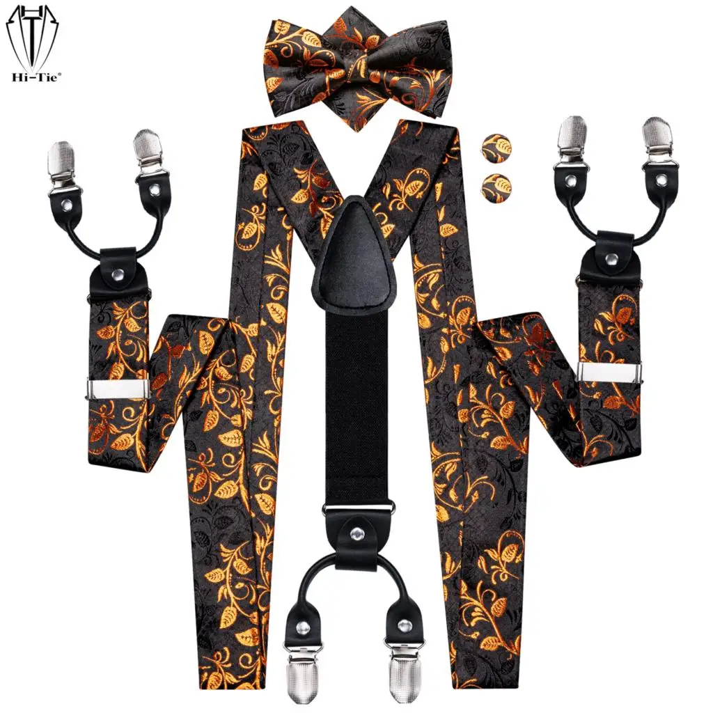 Top Trends: Hi-Tie Jacquard Black Gold Vine Silk Mens Suspenders Bowtie Hanky Cufflinks Set Adjustable 6 Clips Y Back Braces For Male Gift Shoppable Styles