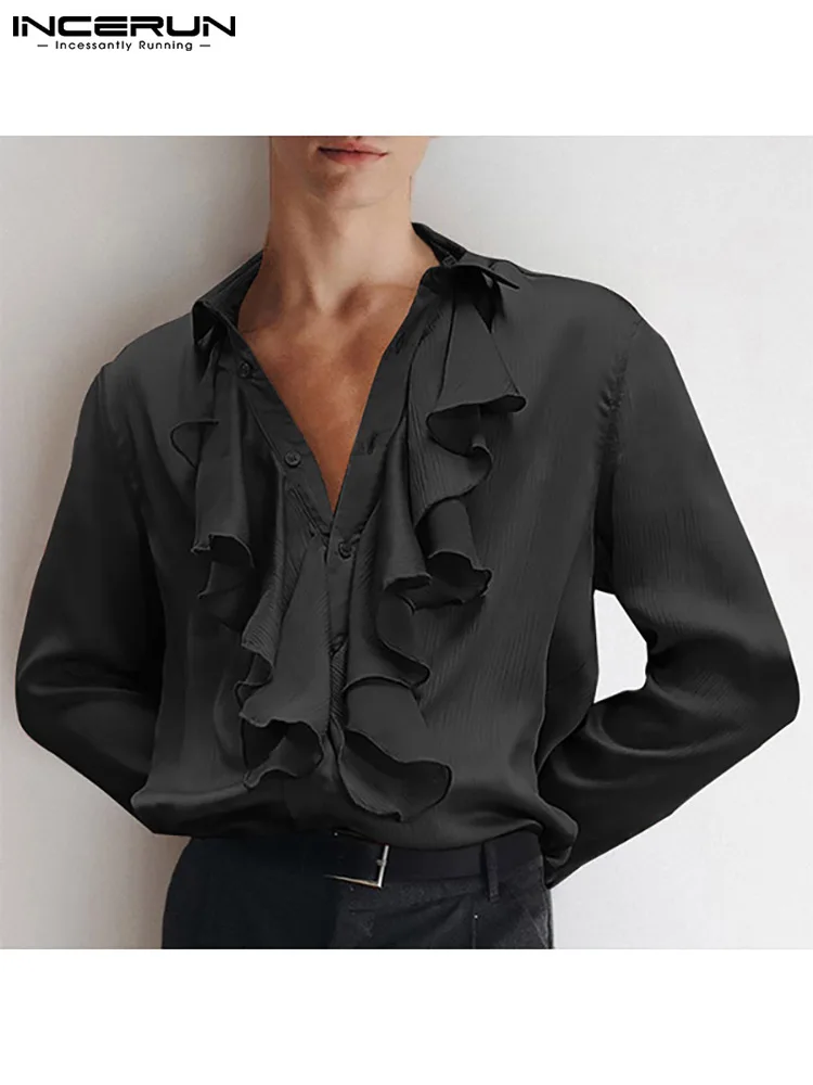 Top Trends: Handsome Well Fitting Men Tops 2023 Solid Comfortable Blouse Casual Hot Sale Male Loose Ruffled Long-sleeved Shirt S-5XL INCERUN Shoppable Styles