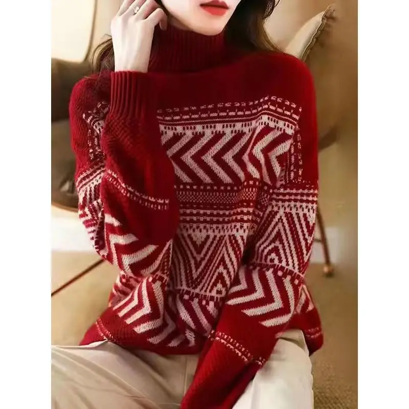 Top Trends: Red Winter Women's Retro Jacquard High Neck Long Sleeve Bottom Knitted Shirt Fashion Loose Casual Versatile Sweater Top Shoppable Styles