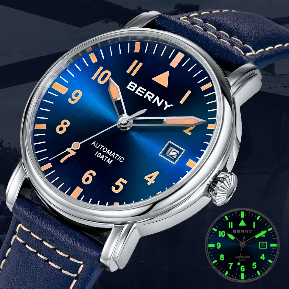 Top Trends: BERNY Pilot Automatic Watch Men Mechanical Luminous Army Military Vintage Watch Sapphire Waterproof 100m Diver Wristwatch Men Shoppable Styles