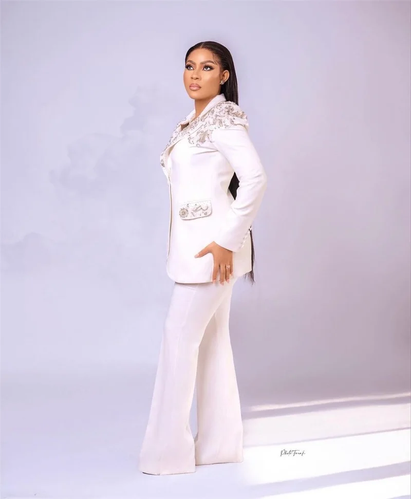 Top Trends: Crystal Wedding Women Suits Set Jacket+ Pants 2 Pieces White Custom Made Blazer Formal Mother Of Guest Prom Dress Tuxedo Shoppable Styles - Image 3