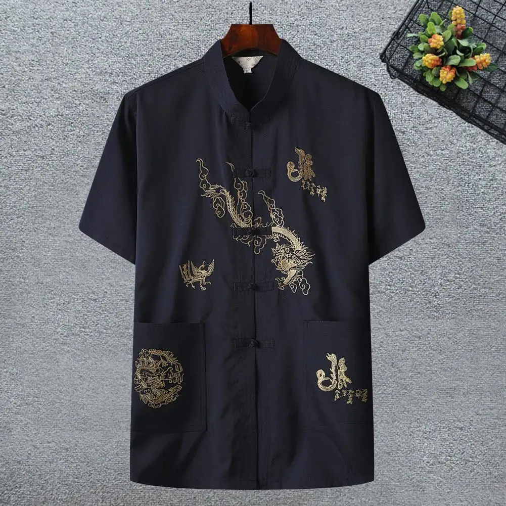 Top Trends: Tangs Suit Top Embroidery Dragon Solid Color Stand Collar Short Sleeve New Year Wear Super Soft Chinese Kung Fu Wing Chun Garmen Shoppable Styles